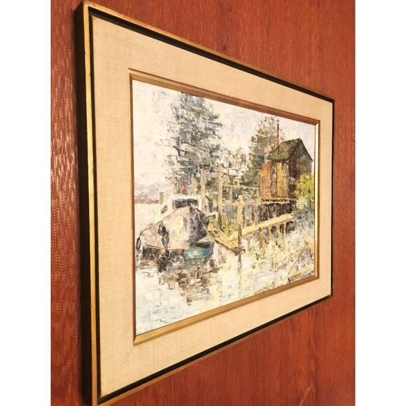 Original Oil Painting Waterfront by Peggy Hill Signed 1974 H 24.25 inch, W 30.25 - Picture 9 of 16